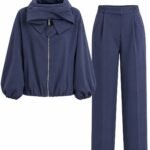 Costum Arhitectural Sport-Chic Two-Piece din Jachetă cu Guler Arhitectural și Pantaloni Drepți Asortați în Nuanță Albastru Marin / Indigo