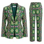 Costum Arhitectural Tailored Two-Piece din Sacou Cambrat și Pantaloni Drepți cu Imprimeu Geometric-Botanic și Elemente Verde Lime / Violet în Nuanță Verde Pădure