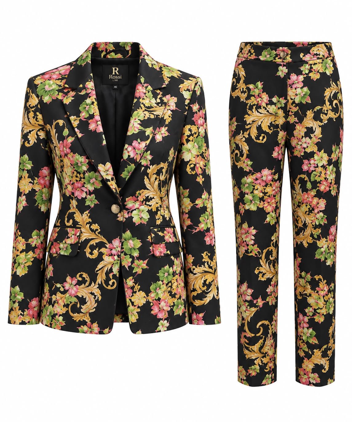 WhatsApp Image 2026-09-16 at 07.49.09 Costum Arhitectural Tailored Two-Piece din Sacou Cambrat și Pantaloni Drepți cu Imprimeu Floral Baroc și Elemente Auriu-Roz în Nuanță Negru Abanos - imagine 1