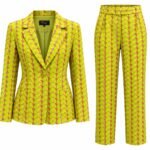Costum Arhitectural Tailored Two-Piece din Sacou Cambrat și Pantaloni Drepți cu Imprimeu Macro-Weaving / Frunze Stilizate în Nuanță Verde Lime și Roz