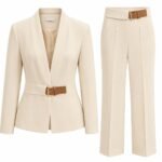 Costum Arhitectural Tailored Two-Piece din Sacou cu Guler Șal și Curea în Talie și Pantaloni Drepți Asortați în Nuanță Warm Sand / Crem