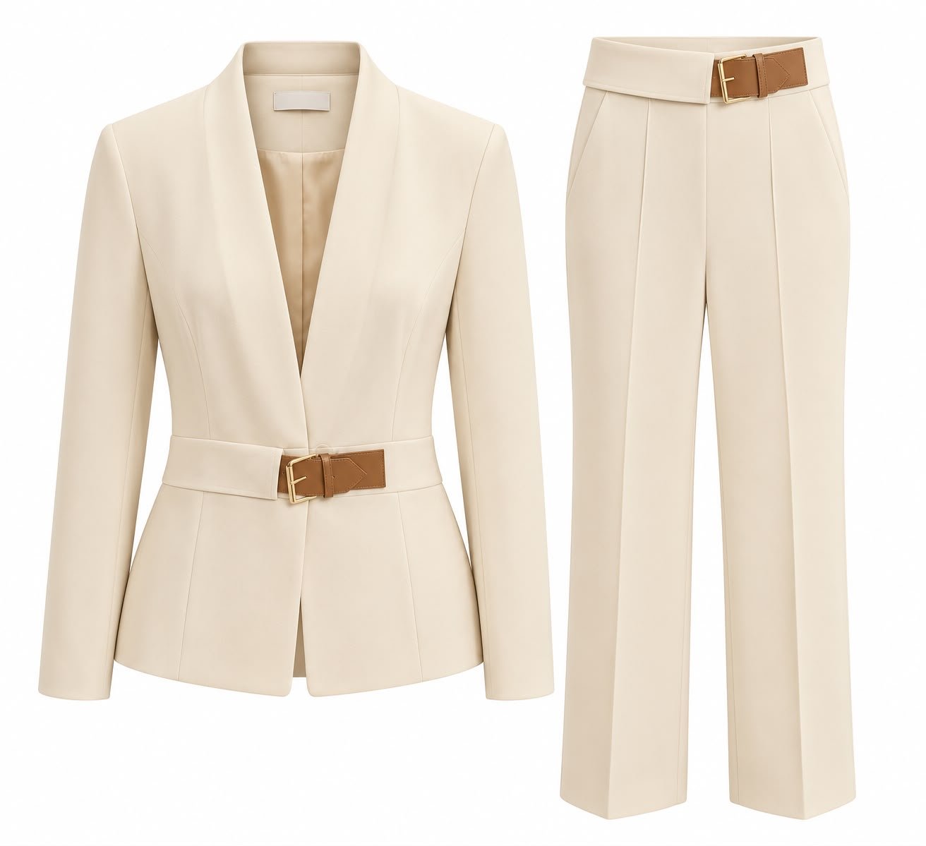 WhatsApp Image 2026-09-16 at 07.58.35 Costum Arhitectural Tailored Two-Piece din Sacou cu Guler Șal și Curea în Talie și Pantaloni Drepți Asortați în Nuanță Warm Sand / Crem - imagine 1