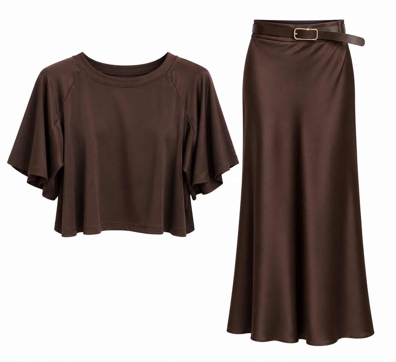 WhatsApp Image 2026-09-16 at 07.59.16 Costum Arhitectural Elegant Two-Piece din Bluză Lejeră cu Mâneci Clopot și Fustă Midi cu Curea în Nuanță Maro Abanos / Abanos - imagine 1