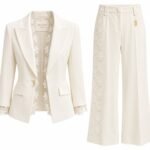 Costum Arhitectural Tailored Two-Piece din Sacou Cambrat cu Inserții de Dantelă Florală și Pantaloni Drepți cu Bordură Laterală din Dantelă în Nuanță Warm Sand / Crem