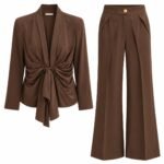 Costum Arhitectural Fluid Two-Piece din Sacou Drapat cu Nod Frontal și Pantaloni Largi în Nuanță Maro Abanos / Abanos