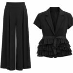Costum Arhitectural Deconstructivist Two-Piece din Jachetă Scurtă cu Mânecă Scurtă și Peplum cu Volane și Pantaloni Largi în Nuanță Negru Abanos