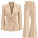 Costum Arhitectural Tailored Two-Piece din Sacou la Două Rânduri de Nasturi și Pantaloni Evazați cu Imprimeu Pinstripe în Nuanță Warm Sand / Bej Nisip