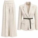 Costum Arhitectural Tailored Two-Piece din Sacou Cambrat cu Curea și Pantaloni Largi Plisați cu Imprimeu Pinstripe în Nuanță Warm Sand / Bej Nisip