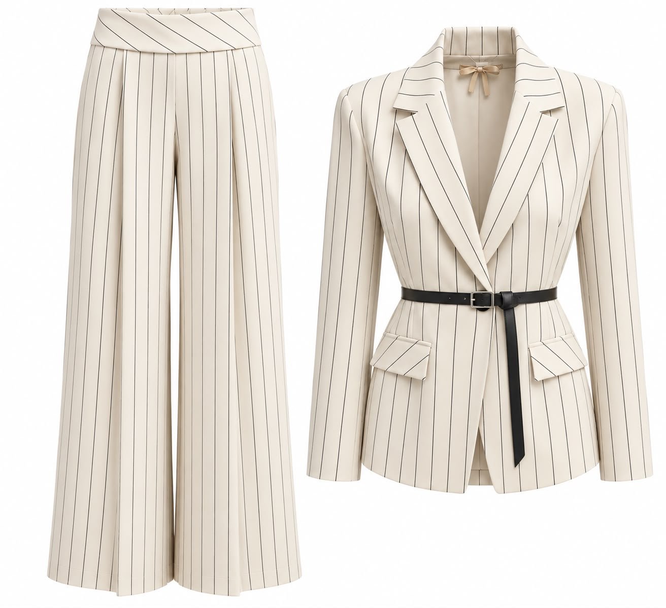 WhatsApp Image 2026-09-16 at 09.46.10 Costum Arhitectural Tailored Two-Piece din Sacou Cambrat cu Curea și Pantaloni Largi Plisați cu Imprimeu Pinstripe în Nuanță Warm Sand / Bej Nisip - imagine 1