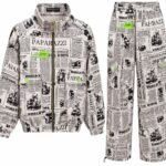 Costum Arhitectural Deconstructivist Two-Piece din Jachetă Utility cu Imprimeu Newspint / Paparazzi și Pantaloni Cargo Asortați în Nuanță Alb-Negru Monocrom