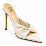 Sandale Arhitecturale Mules din Piele Nuanță Warm Sand cu Nod Sculptural și Toc Stiletto Auriu