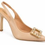 Pantofi Stiletto Arhitecturali slingback din Piele cu Cataramă Bijuterie cu Cristale și Toc Înalt în Nuanță Warm Sand / Bej