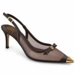 Pantofi Stiletto Arhitecturali slingback din Piele și Plasă Transparentă cu Fundiță, Capsă Metalică și Toc Înalt în Nuanță Maro Abanos
