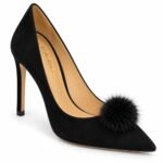 Pantofi Stiletto Arhitecturali din Suede cu Pompon Pufos Sculptural și Toc Înalt în Nuanță Negru Abanos