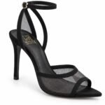 Pantofi Stiletto Arhitecturali slingback din Suede și Plasă Transparentă cu Vârf Decupat și Toc Înalt în Nuanță Negru Abanos