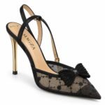Pantofi Stiletto Arhitecturali slingback din Plasă cu Dantelă Florală, Fundă Texturată și Toc Metalic Auriu în Nuanță Negru Abanos