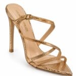 Sandale Stiletto Arhitecturali din Piele cu Imprimeu Reptilă Aurie, Barete Încrucișate și Toc Înalt în Nuanță Gold Metalic