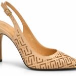 Pantofi Stiletto Arhitecturali slingback din Piele Perforată cu Model Geometric, Vârf Metalic și Toc Înalt în Nuanță Warm Sand / Bej