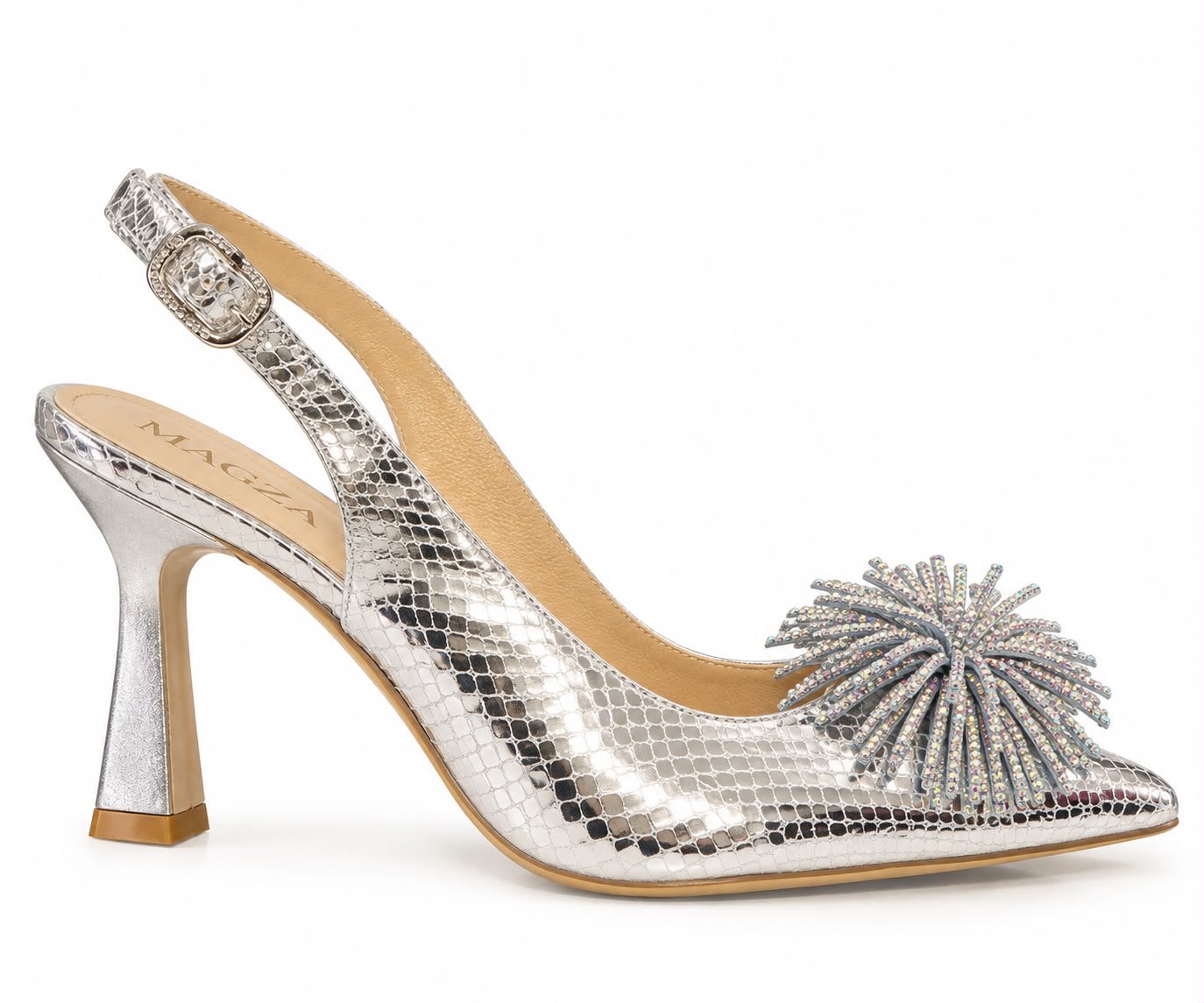 WhatsApp Image 2026-09-18 at 02.34.33 (2) Pantofi Stiletto Arhitecturali slingback din Piele cu Imprimeu Reptilă Argintie, Pompon Pufos cu Cristale și Toc Evazat în Nuanță Silver Metalic - imagine 1
