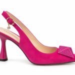Pantofi Stiletto Arhitecturali slingback din Suede cu Detaliu Piramidal cu Cristale și Toc Evazat în Nuanță Magenta / Fucsia