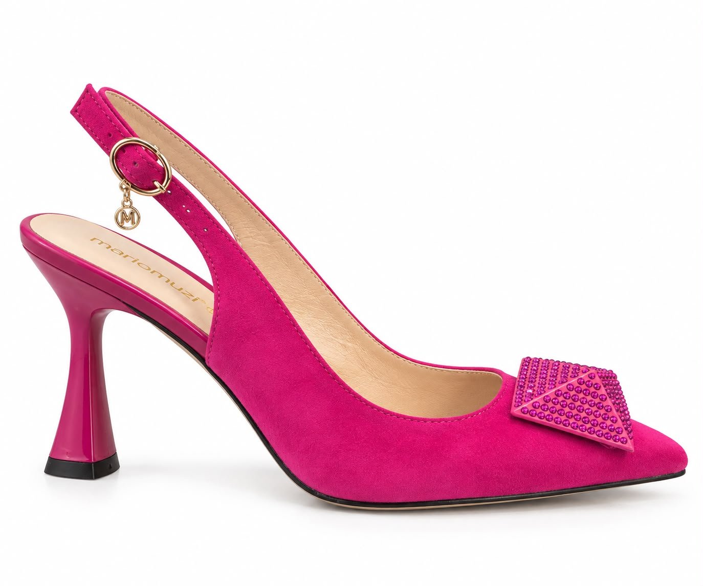 WhatsApp Image 2026-09-18 at 02.34.33 (3) Pantofi Stiletto Arhitecturali slingback din Suede cu Detaliu Piramidal cu Cristale și Toc Evazat în Nuanță Magenta / Fucsia - imagine 1