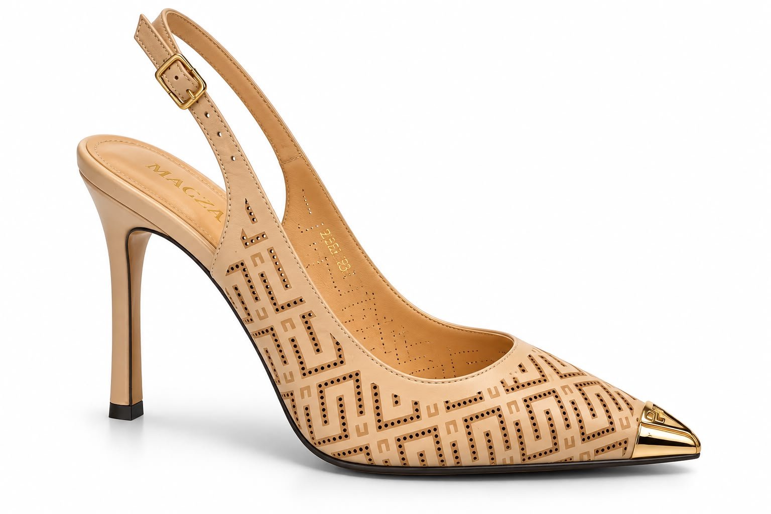WhatsApp Image 2026-09-18 at 02.34.33 Pantofi Stiletto Arhitecturali slingback din Piele Perforată cu Model Geometric, Vârf Metalic și Toc Înalt în Nuanță Warm Sand / Bej - imagine 1