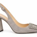 Pantofi Stiletto Arhitecturali slingback din Suede cu Cataramă Bijuterie din Cristale și Toc Evazat în Nuanță Gri Cenușiu