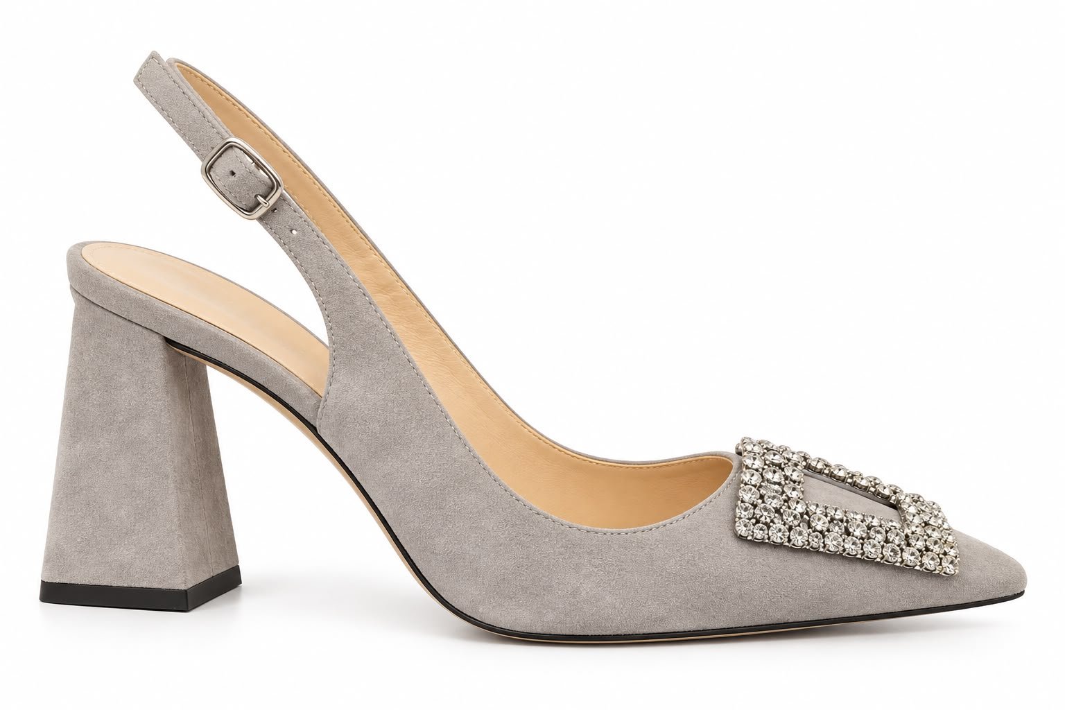 WhatsApp Image 2026-09-18 at 02.34.34 (1) Pantofi Stiletto Arhitecturali slingback din Suede cu Cataramă Bijuterie din Cristale și Toc Evazat în Nuanță Gri Cenușiu - imagine 1