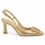 Pantofi Stiletto Arhitecturali slingback din Piele cu Imprimeu Reptilă Auriu, Cataramă Bijuterie cu Cristale și Toc Evazat în Nuanță Gold Metalic