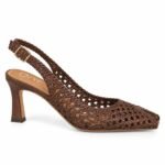 Pantofi Stiletto Arhitecturali slingback împletiți din Piele cu Vârf Pătrat și Toc Evazat în Nuanță Maro Ciocolatie