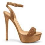 Sandale Platformă Stiletto Arhitecturale din Piele cu Imprimeu Reptilă Auriu, Barete cu Cristale și Toc Înalt în Nuanță Gold Metalic