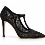 Pantofi Stiletto Arhitecturali tip T-Strap din Plasă cu Micro-Cristale și Toc Stiletto în Nuanță Negru Abanos