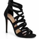 Sandale Arhitecturale Gladiator din Piele Întoarsă cu Barete Încrucișate, Fermoar la Călcâi și Toc Stiletto în Nuanță Negru Abanos