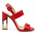 Sandale Arhitecturale din Piele cu Barete Late și Toc Geometric Cutat Auriu în Nuanță Roșu Aprins / Crimson