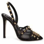 Pantofi Stiletto Arhitecturali din Piele și Plasă cu Nituri Piramidale Aurii și Baretă Slingback în Nuanță Negru Abanos