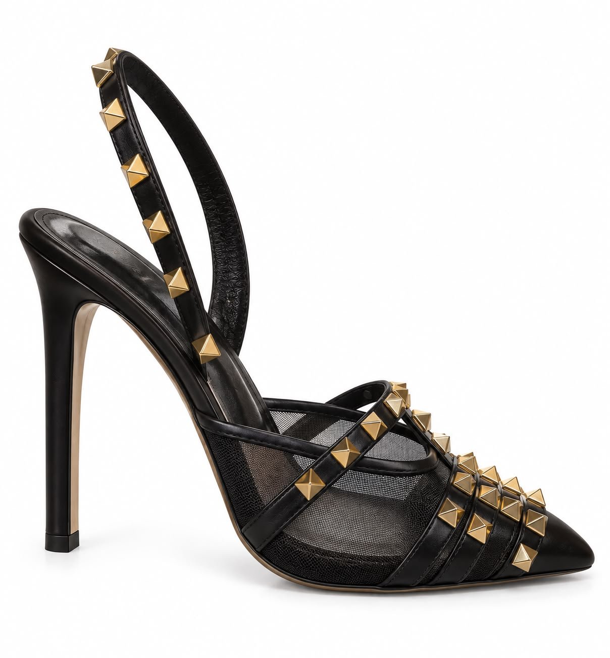 WhatsApp Image 2026-09-18 at 06.27.45 (2) Pantofi Stiletto Arhitecturali din Piele și Plasă cu Nituri Piramidale Aurii și Baretă Slingback în Nuanță Negru Abanos - imagine 1