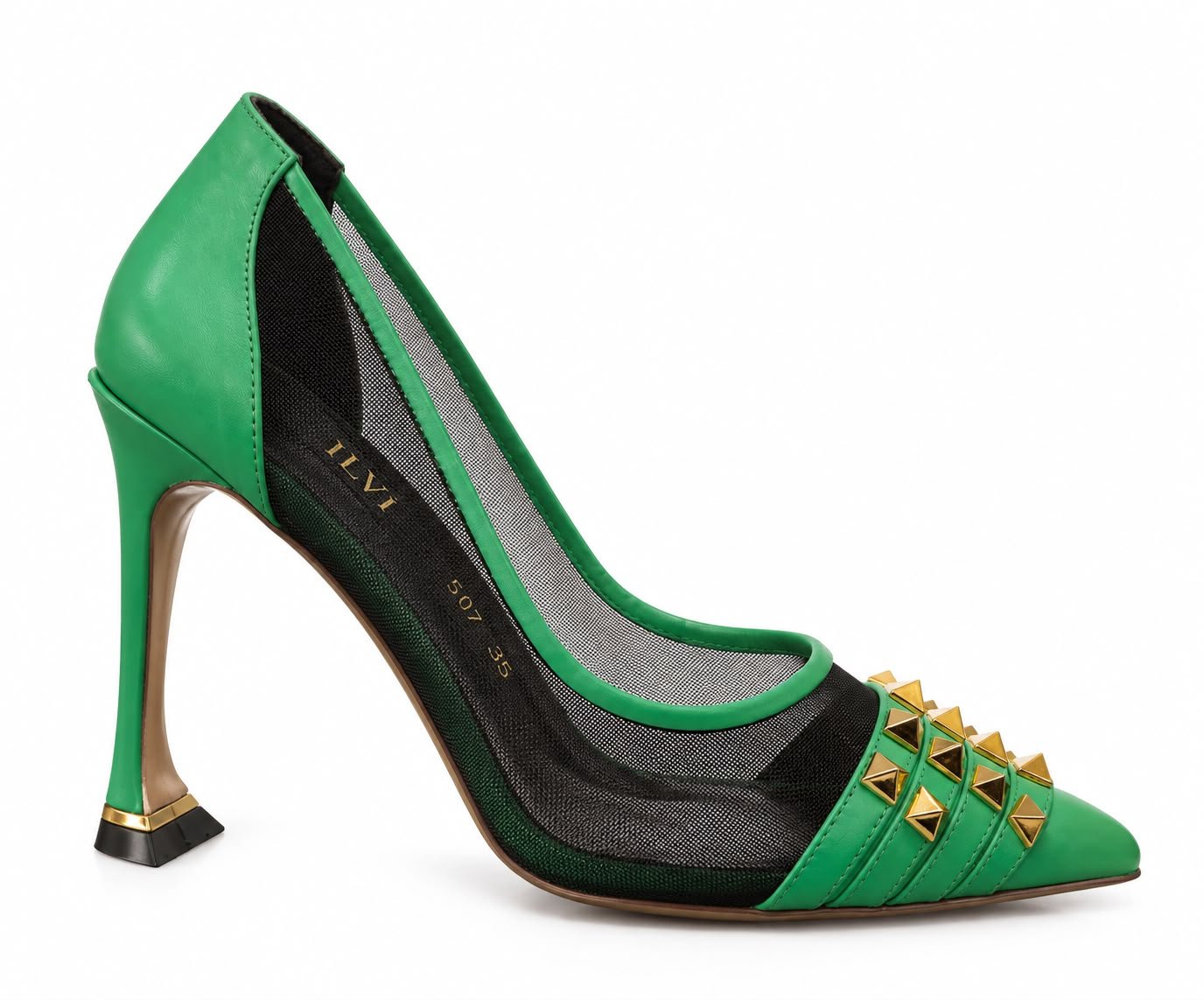 WhatsApp Image 2026-09-18 at 06.27.45 (3) Pantofi Stiletto Arhitecturali din Piele și Plasă cu Nituri Piramidale Aurii și Toc Evazat în Nuanță Verde Smarald - imagine 1
