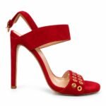 Sandale Arhitecturale din Piele Întoarsă cu Baretă Lată, Inseți Metalice Aurii și Toc Stiletto în Nuanță Roșu Aprins / Crimson
