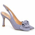 Pantofi Stiletto Arhitecturali din Piele Întoarsă slingback cu Fundă Supradimensionată și Toc Evazat în Nuanță Lavandă / Albastru Prafuit