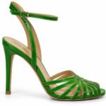 Sandale Arhitecturale din Piele Lăcuită cu Barete Multiple Înfășurate și Toc Stiletto în Nuanță Verde Smarald