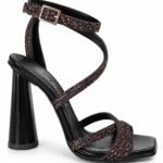 Sandale Arhitecturale cu Barete Strălucitoare din Piele, Vârf Pătrat, Baretă pe Gleznă și Toc Gros Evazat în Nuanță Negru Multiglitz