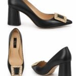 Pantofi Stiletto Arhitecturali din Piele cu Cataramă Pătrată cu Cristale, Vârf Ascuțit și Toc Gros Înalt în Nuanță Negru Abanos