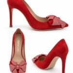 Pantofi Stiletto Arhitecturali din Piele Întoarsă cu Fundă Volumetrică Încrustată cu Cristale, Vârf Ascuțit și Toc Stiletto în Nuanță Roșu Aprins