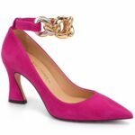 Pantofi Arhitecturali din Piele Întoarsă cu Vârf Ascuțit, Baretă cu Lanț Metalic și Toc Evazat în Nuanță Roz Magenta
