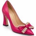 Pantofi Stiletto Arhitecturali din Piele cu Vârf Ascuțit, Fundă Volumetrică cu Cristale și Toc Evazat în Nuanță Roz Magenta