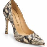 Pantofi Stiletto Arhitecturali din Piele cu Imprimeu de Șarpe, Vârf Ascuțit și Toc Stiletto Înalt în Nuanțe Neutre