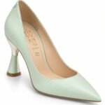 Pantofi Arhitecturali din Piele cu Vârf Ascuțit și Toc Evazat Sculptural cu Inserție Metalică în Nuanță Verde Mentă