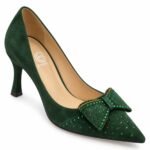 Pantofi Stiletto Arhitecturali din Piele Întoarsă cu Vârf Ascuțit, Fundă Volumetrică cu Cristale și Toc Mediu în Nuanță Verde Pădure