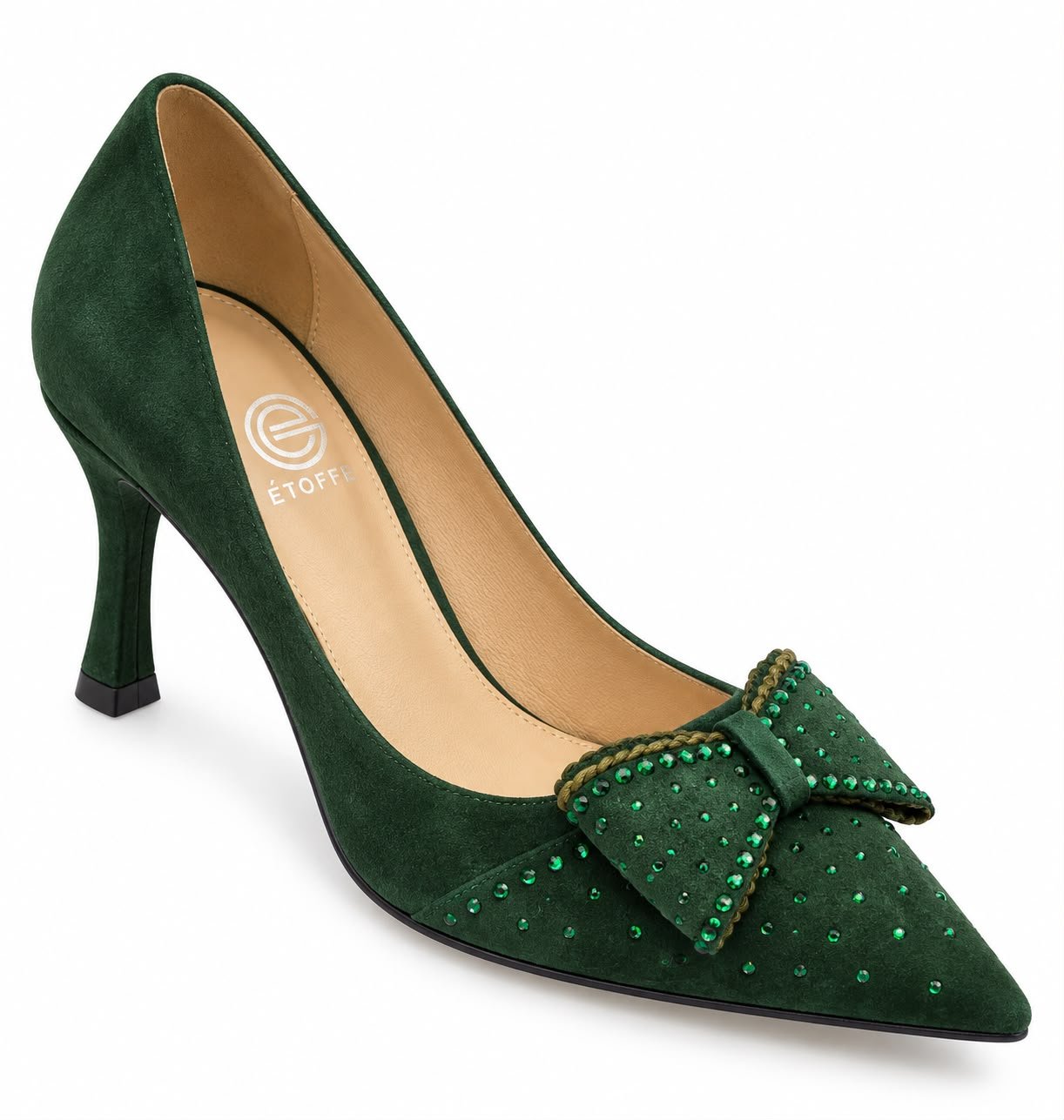 WhatsApp Image 2026-09-18 at 08.15.01 (1) Pantofi Stiletto Arhitecturali din Piele Întoarsă cu Vârf Ascuțit, Fundă Volumetrică cu Cristale și Toc Mediu în Nuanță Verde Pădure - imagine 1