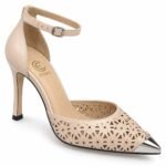 Pantofi Arhitecturali din Piele cu Vârf Metalic, Decupaje Laser-Cut Motive Florale, Baretă pe Glez Punc și Toc Înalt în Nuanță Nud